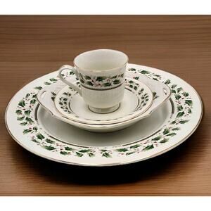 Royal Limited Holly Holiday 4 pc Set 12" Round Platter Candy Dish Cup & Saucer